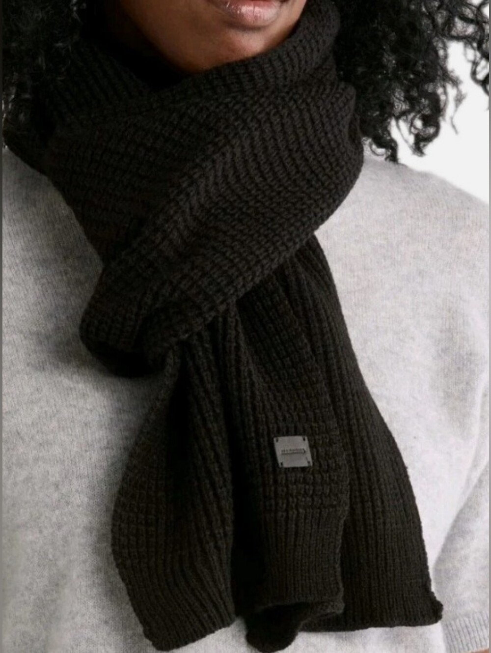 AllSaints Black Angled Stitch Knit Wool Scarf